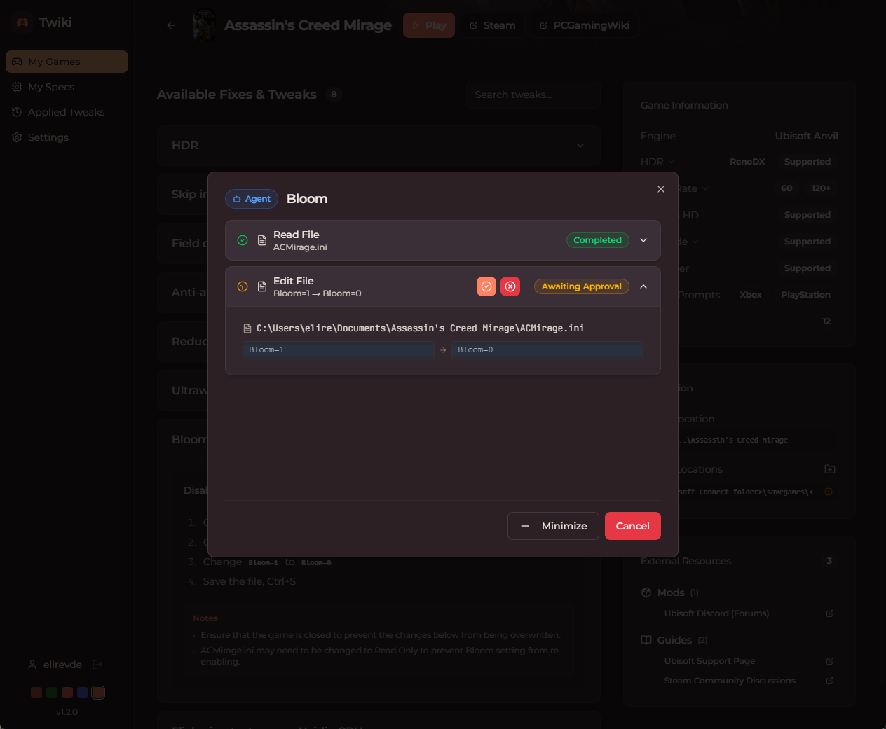 Twiki Auto Tweaker applying config edits and registry changes to a game
