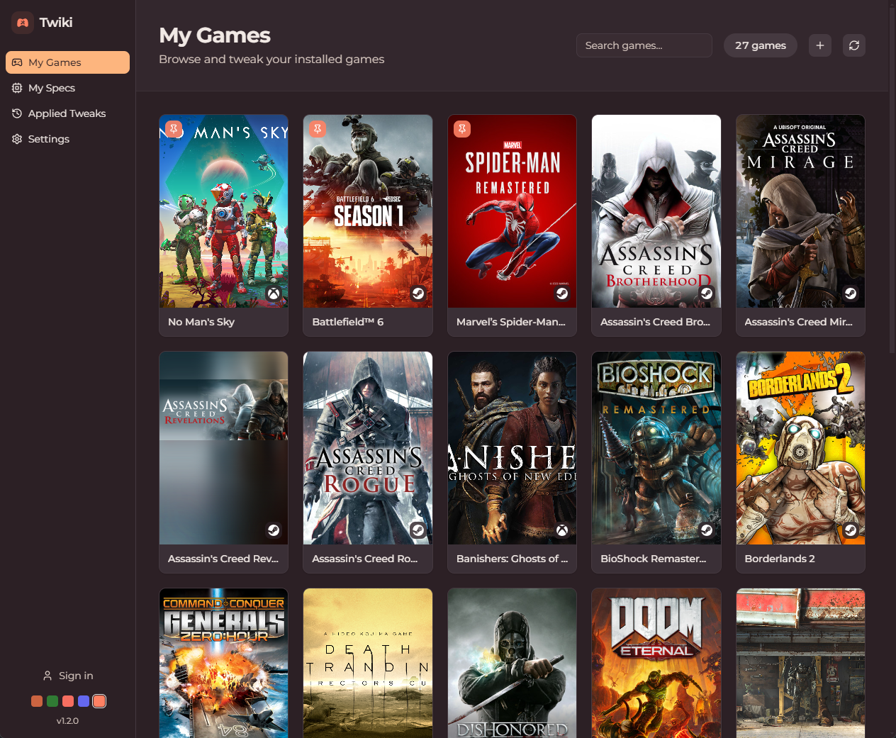 Twiki game library showing detected Steam, Epic, GOG, and Xbox games with posters